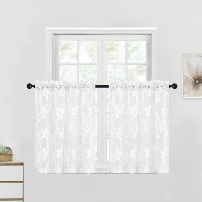 DWCN Kitchen Short Curtains - White Flora Lace Rod Pocket Window Voile Sheer Curtains for Kitchen Living Room Bathroom, 52 x 36 inch, 2 Panels, Lace White - Image 1
